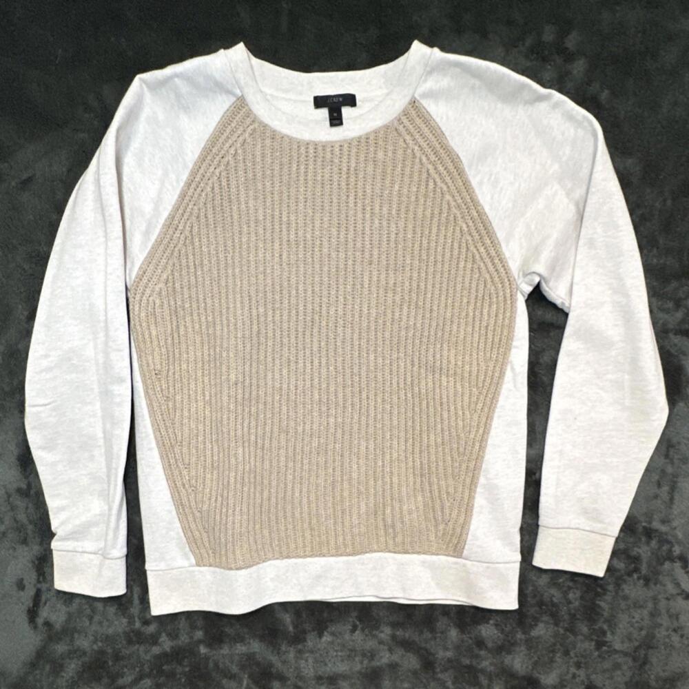 J.CREW Women's Cable-Knit Pullover Sweater Crew Neck Beige White Raglan M